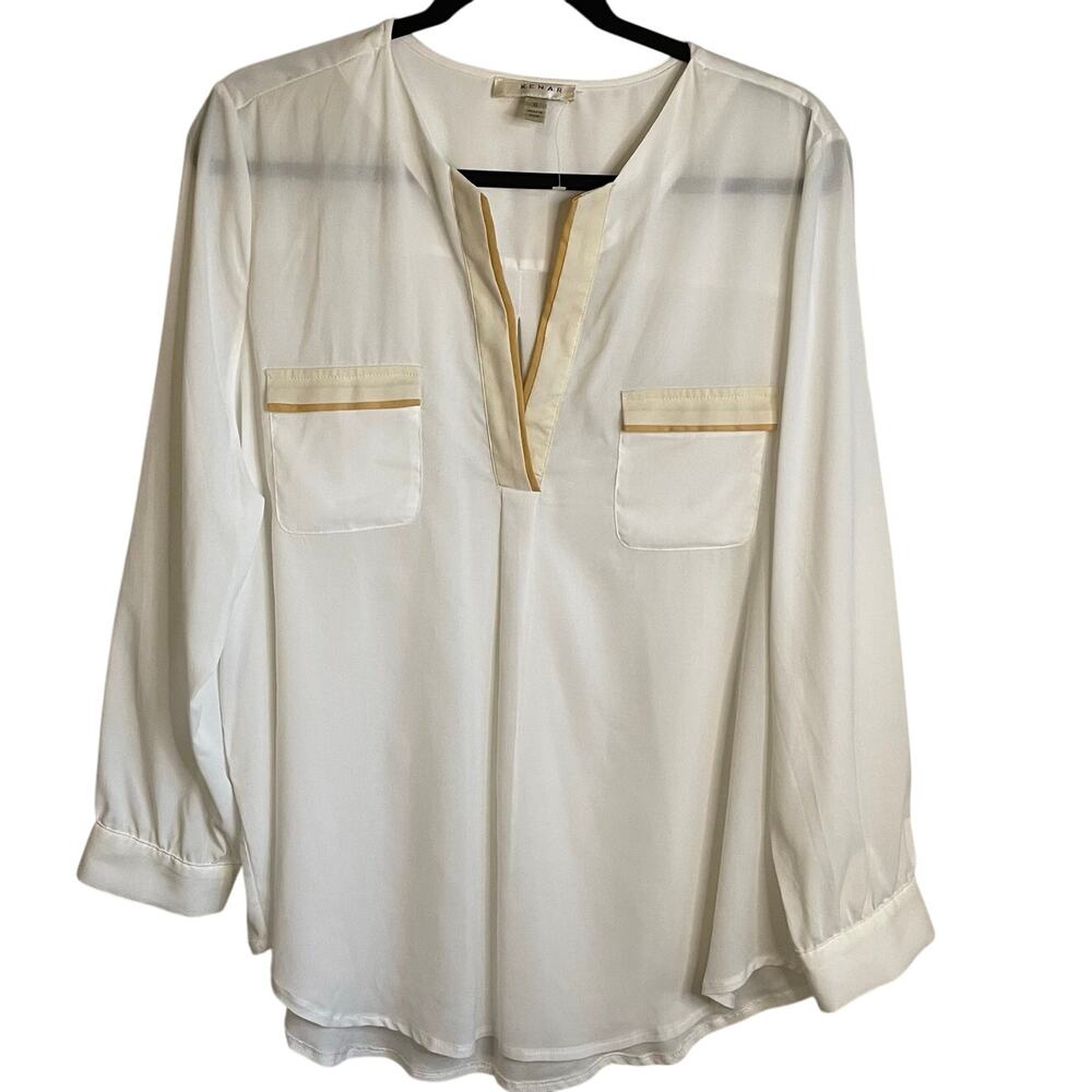 Kenar Cream Blouse NEW Sz XL Contrast Trim Pockets Long Sleeves Split Neck Chic